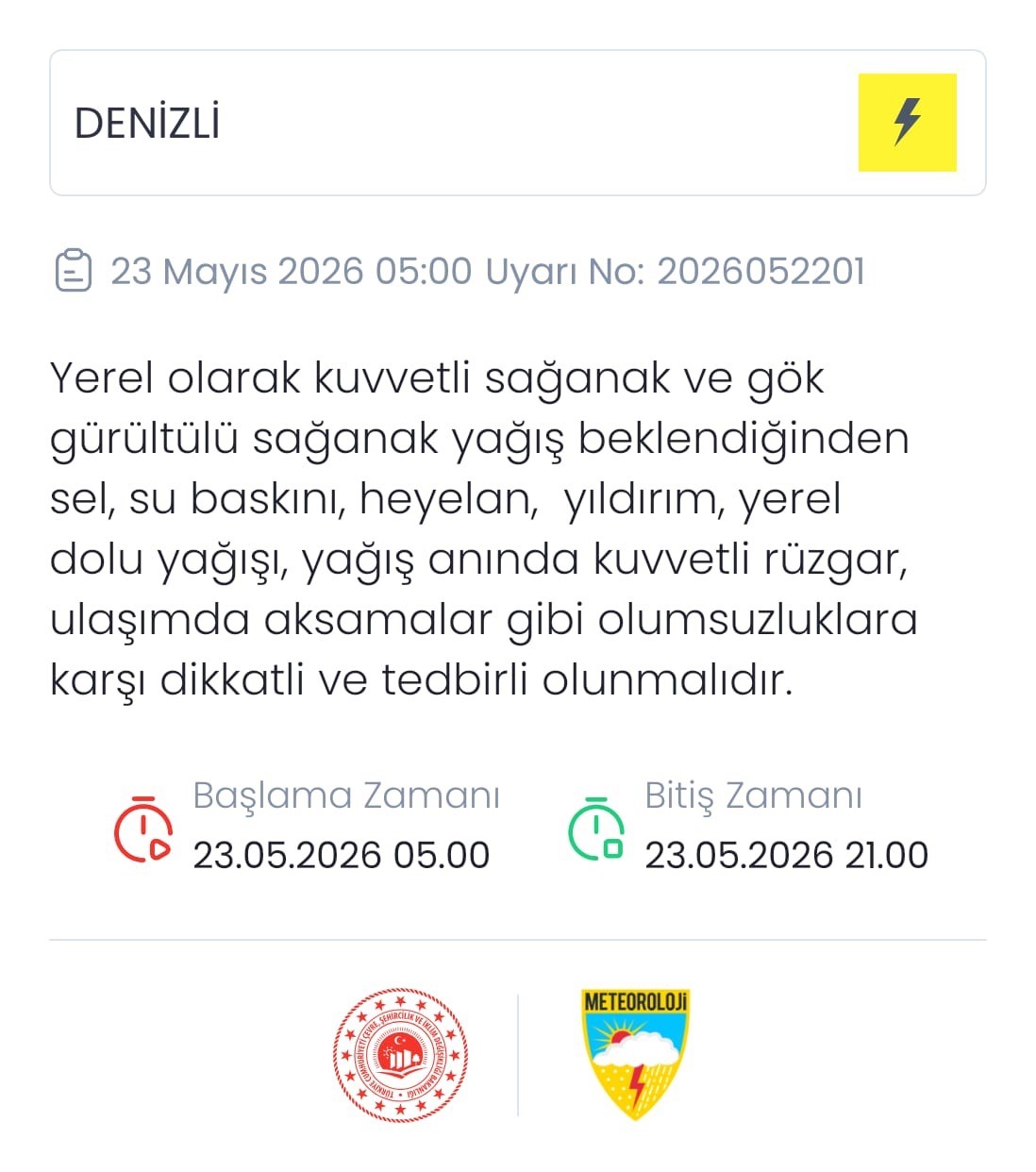 Denizli için kuvvetli sağanak ve gök gürültülü yağış uyarısı
