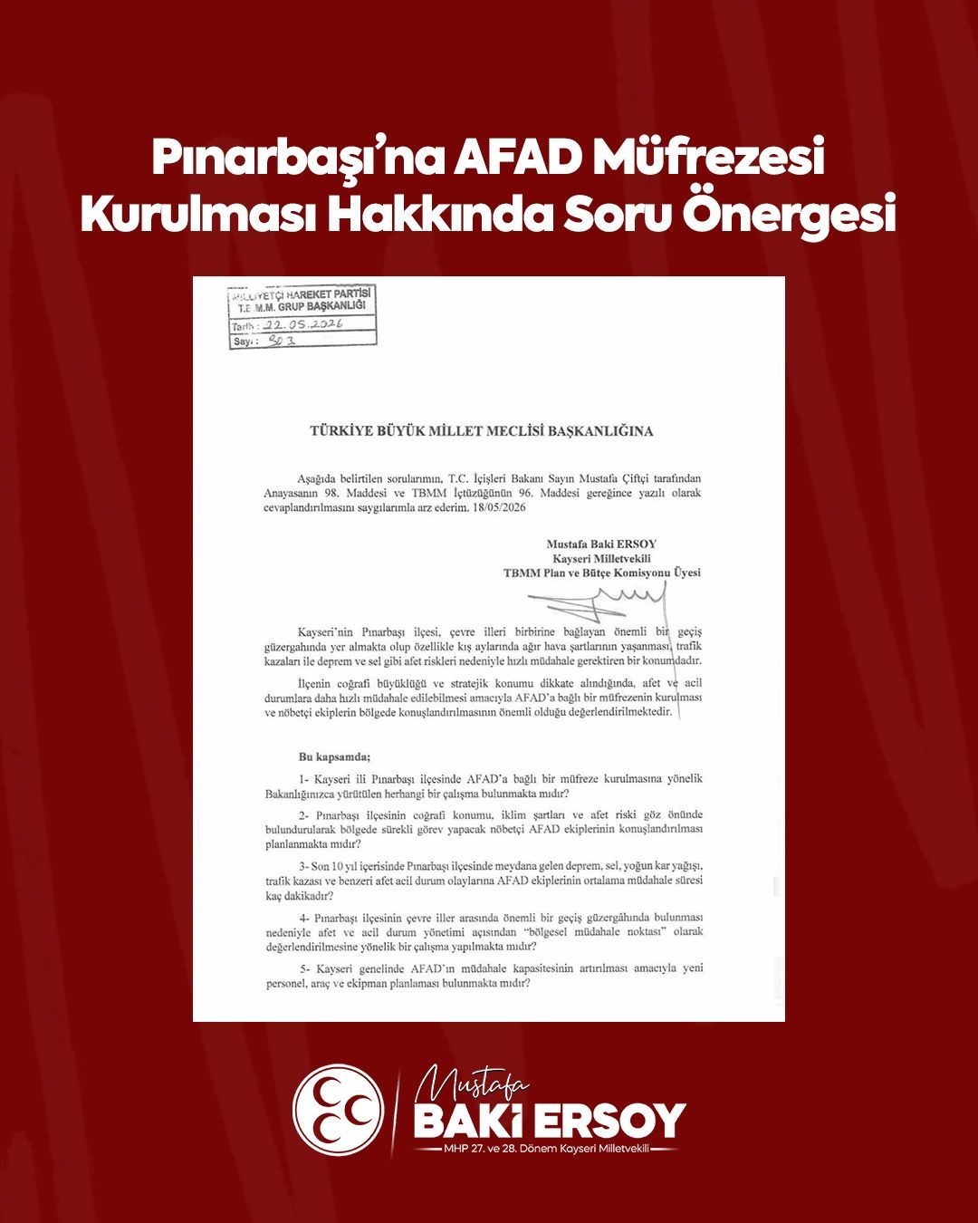 Pınarbaşı’nın afet müdahale gücünün artırılması talebi TBMM’de