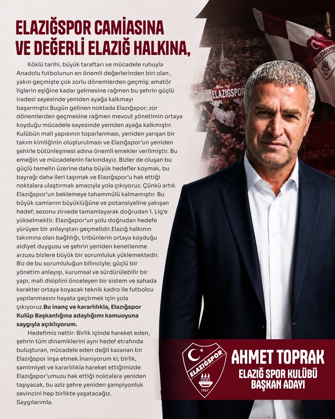 Ahmet Toprak, Elazığspor başkanlığına adaylığını açıkladı