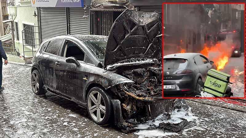 Beyoğlu’nda seyir halindeki otomobil alev alev yandı