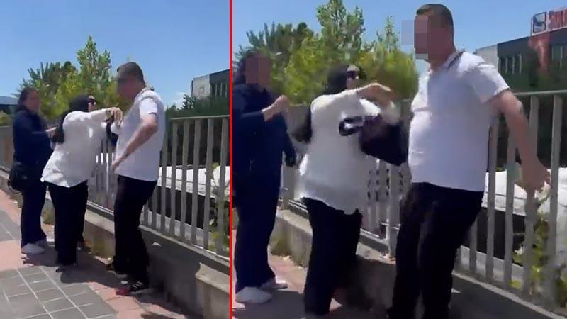 Kadını darbeden erkeği, başka bir kadın iterek uzaklaştırdı; o anlar kamerada