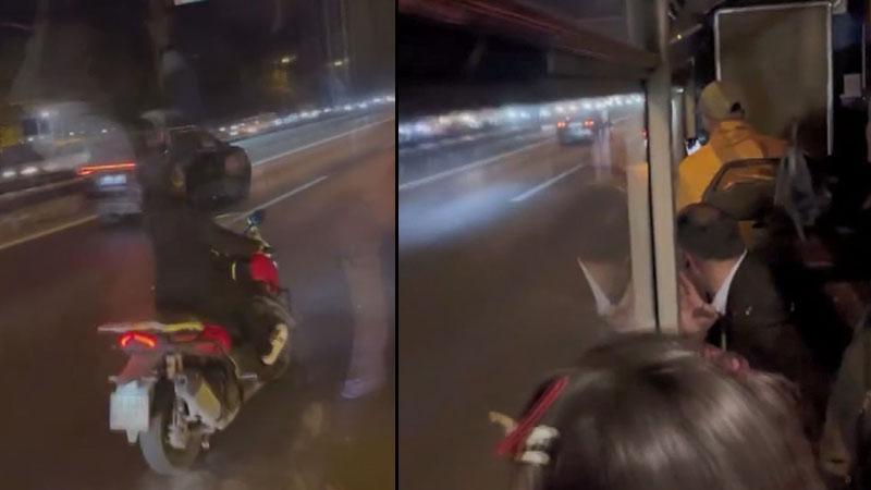 Trafikte tartıştığı İETT şoförüne elindeki cismi fırlattı; yolcuların panik anları kamerada