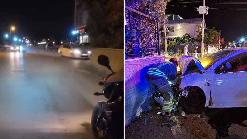 Otomobilin duvara çarptığı kaza kask kamerasında; 2 yaralı